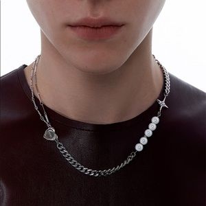 Unisex silver Curb & Pearl Necklace